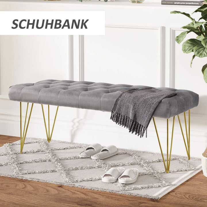 Bænk polstret bænk klaverbænk skobænk med fløjlslook sengebænk klaverbænk til soveværelse, stue, entré, metalgrå 116 x 44,5 x 49 cm