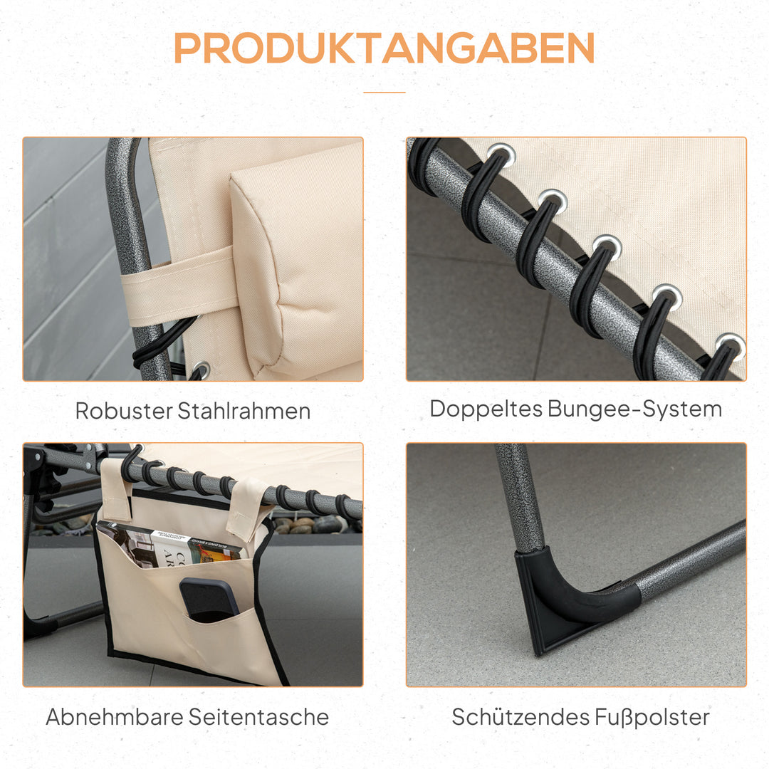 Solseng, foldbar haveliggestol, foldbar liggestol med hynde, 5-positions ryglæn, Oxfordstof, 188 x 57 x 30 cm, beige