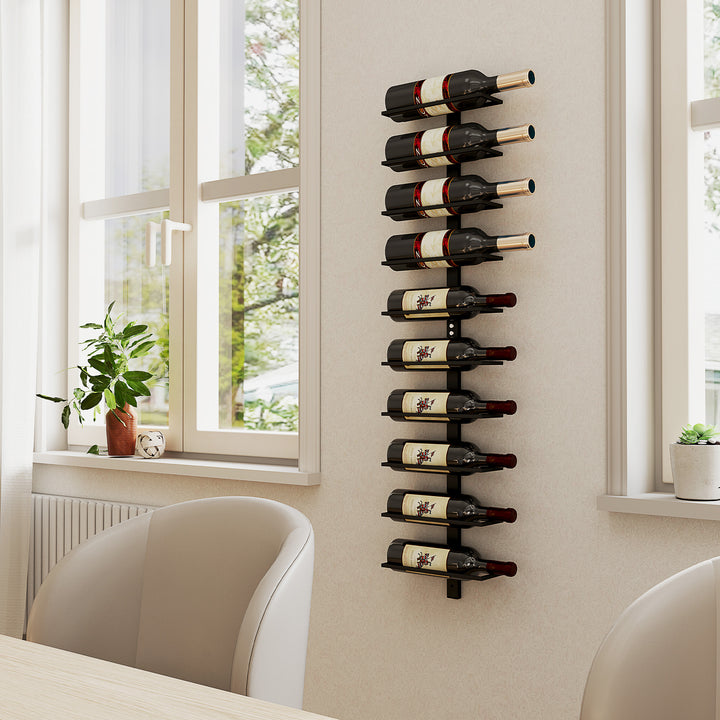 Vinreol, vægreol til 10 flasker vin, 10 hylder, metal, til køkken, stue, hjemmebar, sort