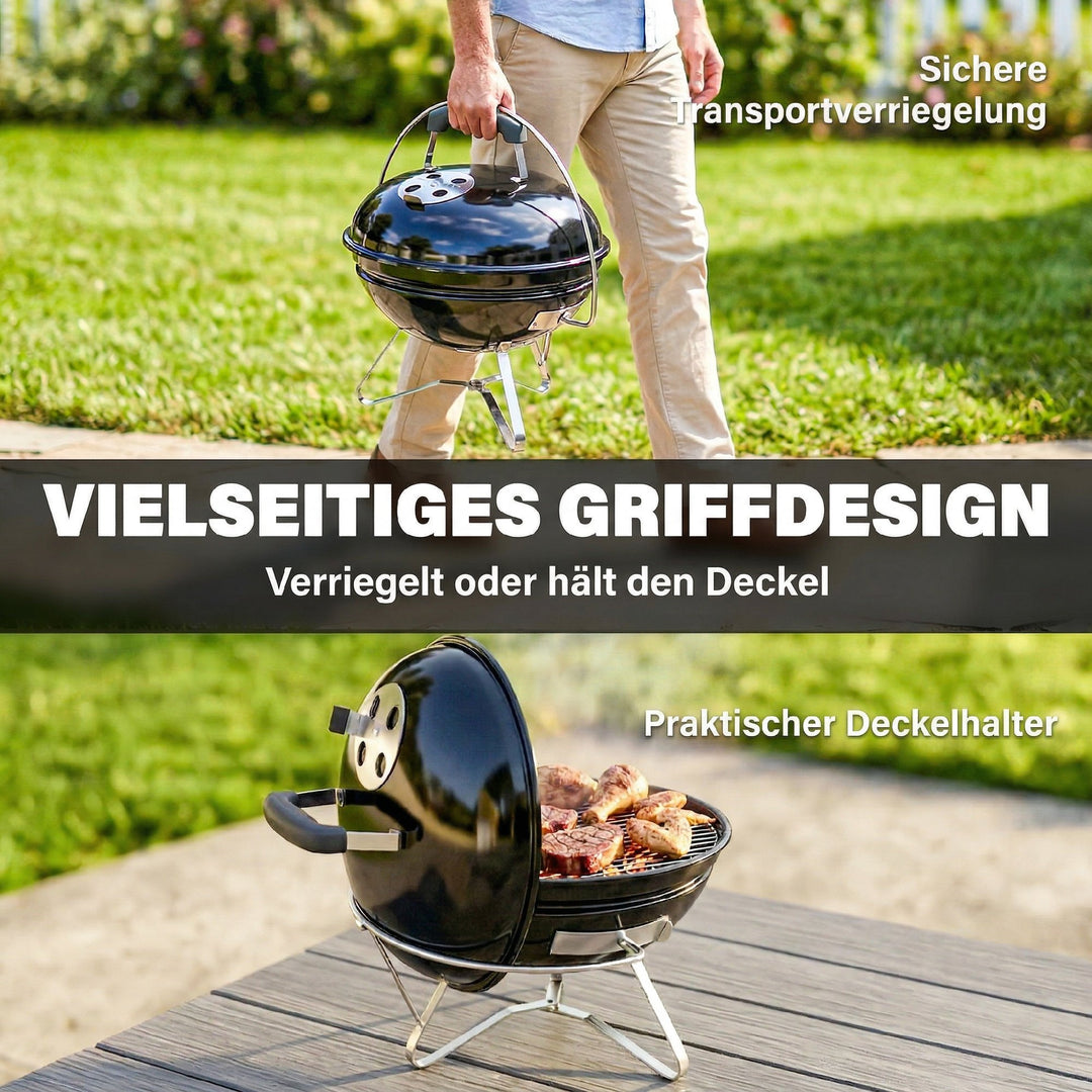 Bærbar kulgrill med låg, håndtag og justerbare ventilationsåbninger til grill, 41x41x44 cm, sort