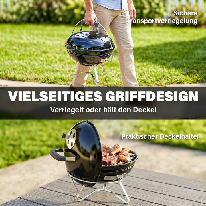 Bærbar kulgrill med låg, håndtag og justerbare ventilationsåbninger til grill, 41x41x44 cm, sort
