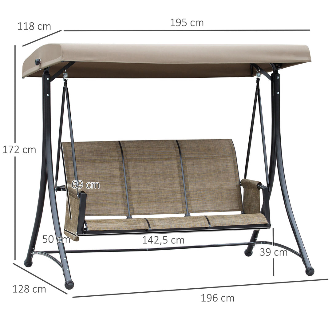 3-Personers verandagynge, havegynge med soltag, gyngebænk med opbevaring, aluminium, 196 x 128 x 172 cm, brun