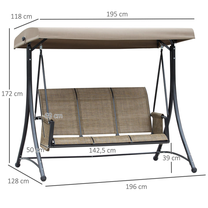 3-Personers verandagynge, havegynge med soltag, gyngebænk med opbevaring, aluminium, 196 x 128 x 172 cm, brun