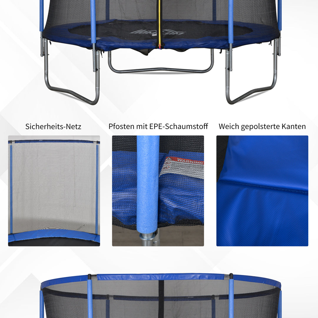 Trampolin med sikkerhedsnet havetrampolin til indendørs og udendørs brug fitnesstrampolin til børn og voksne stålblå+sort op til 113,6 kg ø244 x 240h cm