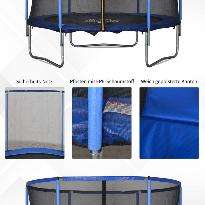 Trampolin med sikkerhedsnet havetrampolin til indendørs og udendørs brug fitnesstrampolin til børn og voksne stålblå+sort op til 113,6 kg ø244 x 240h cm