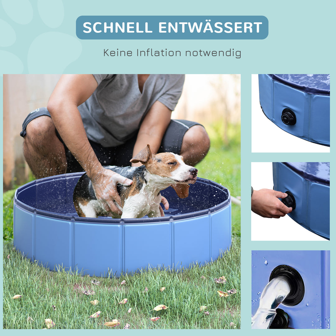 Sammenklappeligt hundebadekar, hundepool, swimmingpool, børnepool, badekar til hunde og katte, vandbassin af plastik og træ, Ø80 x H20 cm, blå