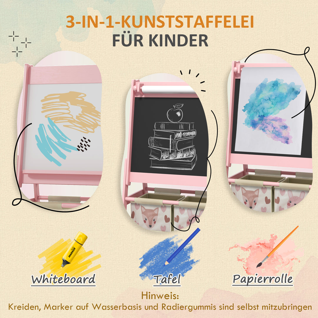 3-i-1 børnestaffeli med papirrulle, tavle, whiteboard, opbevaringskurve, 54 x 46,5 x 93 cm, lyserød