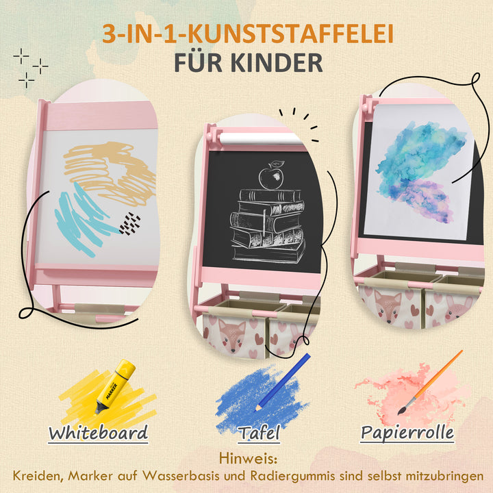 3-i-1 børnestaffeli med papirrulle, tavle, whiteboard, opbevaringskurve, 54 x 46,5 x 93 cm, lyserød