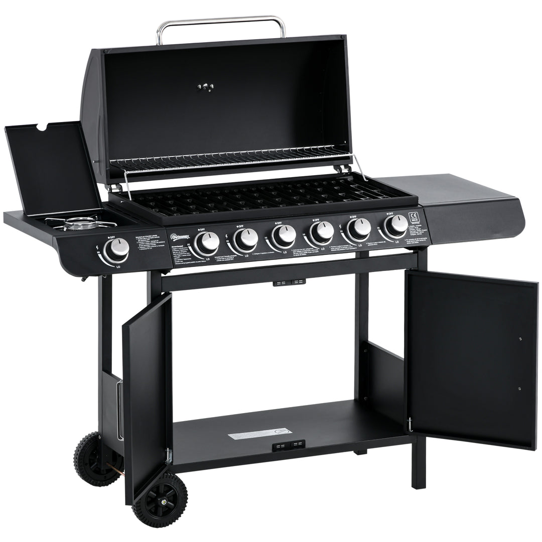 Gasgrill med 7 brændere, inklusive termometer, BBQ-grill, bærbar grill, sort