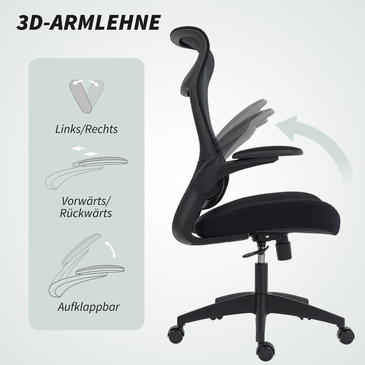 Ergonomisk kontorstol med 3D-armlæn, netryg, S-formet ryglæn, nakkestøtte, vippefunktion, sort