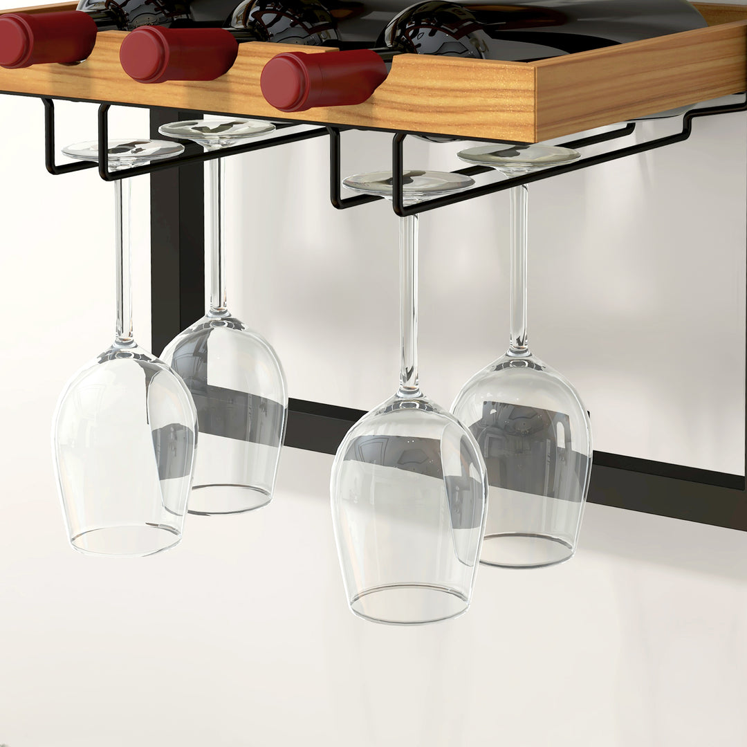 Vægmonteret vinreol, 5 etager, flaskeholder, glasholder, fyrretræ, stål, hjemmebar, køkken, stue, brun