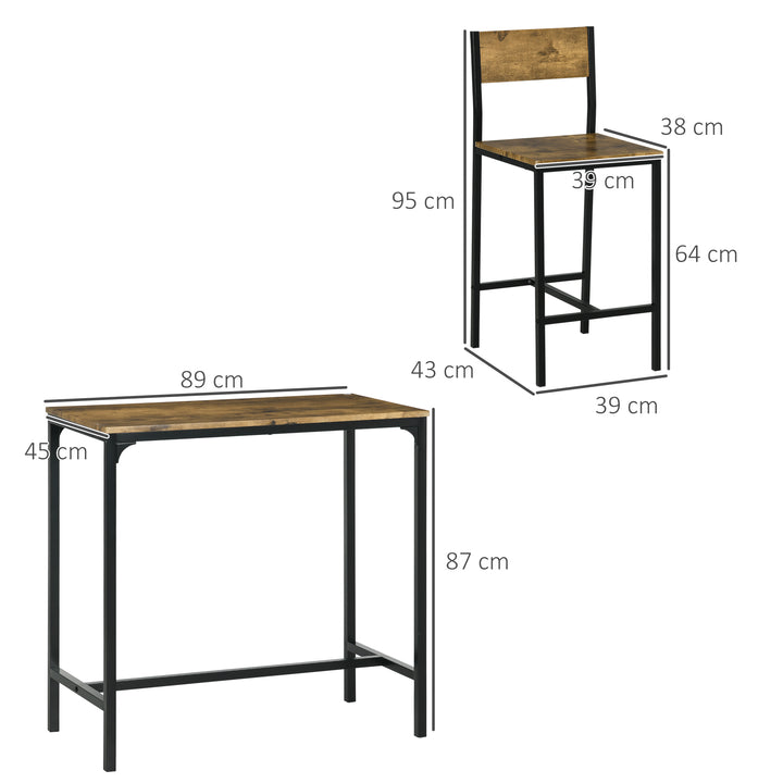 3-Delt barsæt, højt bord, 2 stole, mdf, metalstel, vandtæt, brun