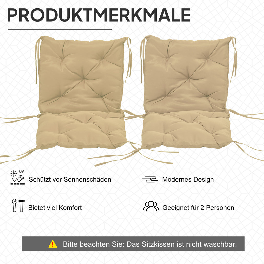 Sæt med 2 siddehynder, 98 x 50 cm stolehynder med bånd, stofbetræk, 8 cm tykke, khaki
