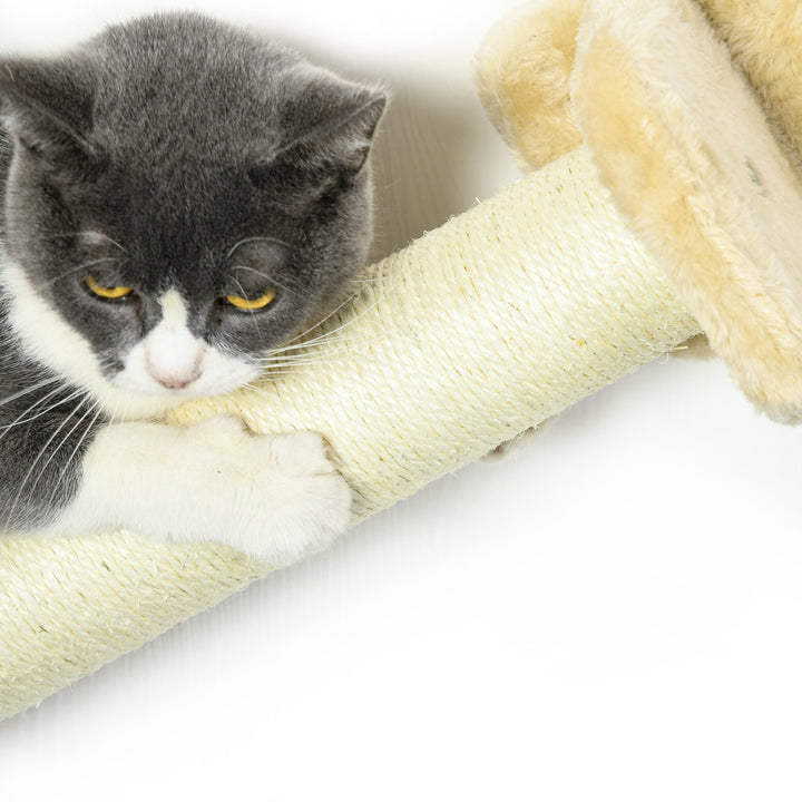 Kattetrappe, 5-delt sæt, 2 kradsetræer, 2 platforme med plysbetræk, hængekøje, beige