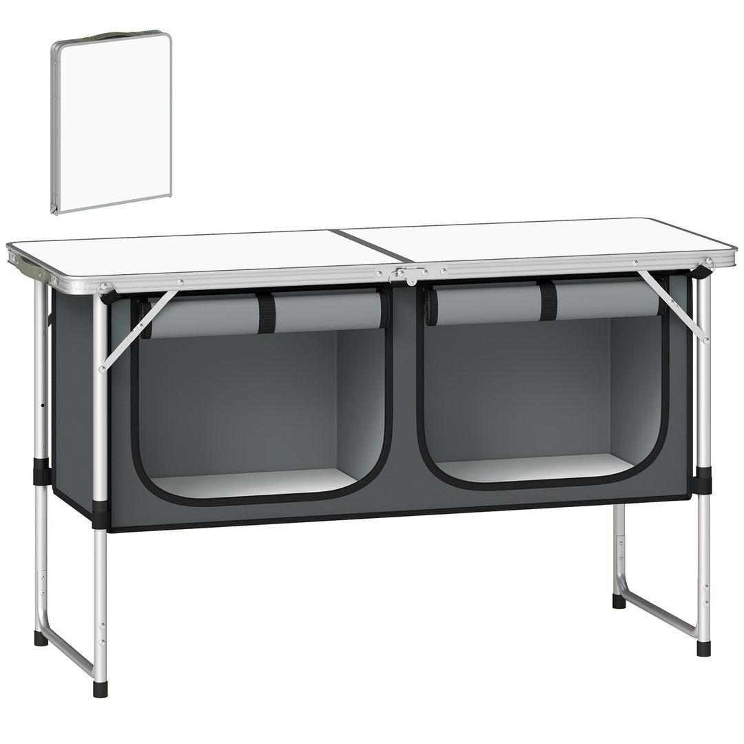 Sammenklappeligt campingkøkkenskab med aluminiumsramme, opbevaringsrum og bordplade til campingture, sølv