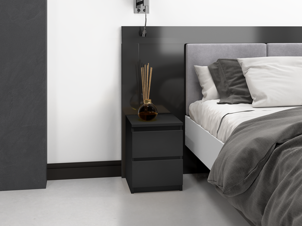 Moderne sengebord med 2 skuffer, sort