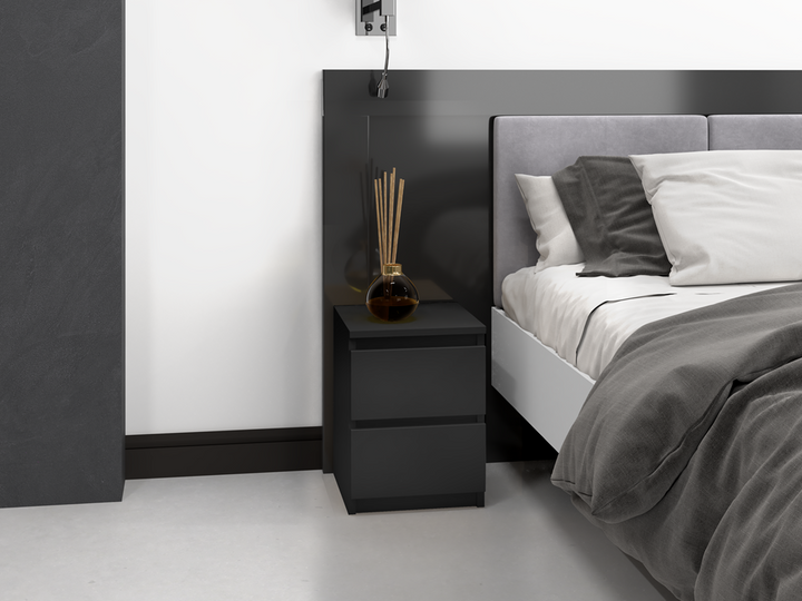 Moderne sengebord med 2 skuffer, sort