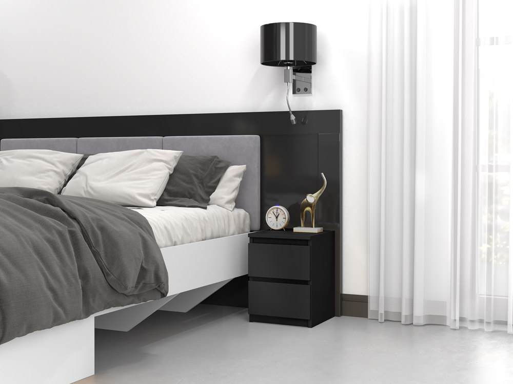 Moderne sengebord med 2 skuffer, sort