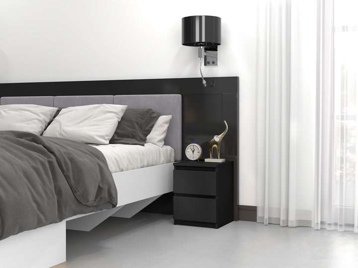 Moderne sengebord med 2 skuffer, sort