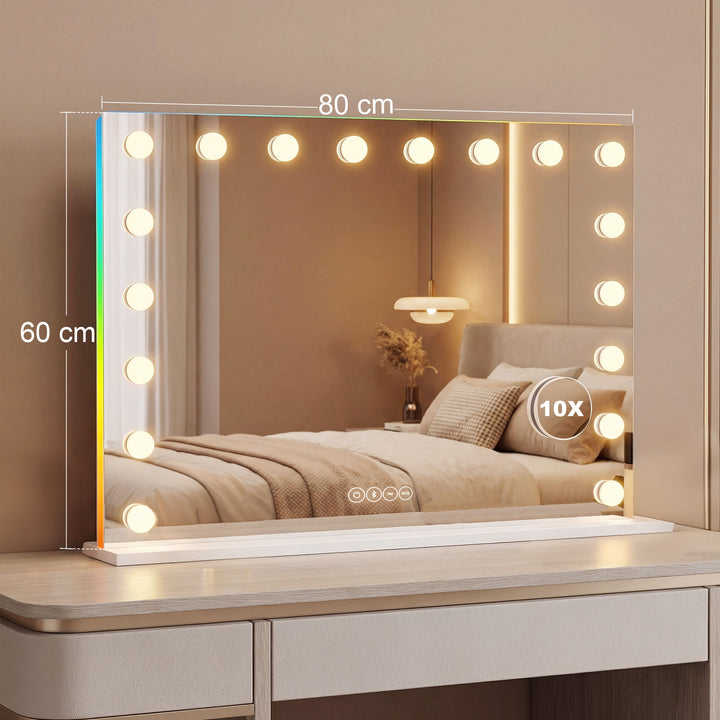 Hollywood makeupspejl med 18 dæmpbare LED-lys, 3 farver, RGB-lys, Bluetooth-højttaler, 10x forstørrelse, hvid