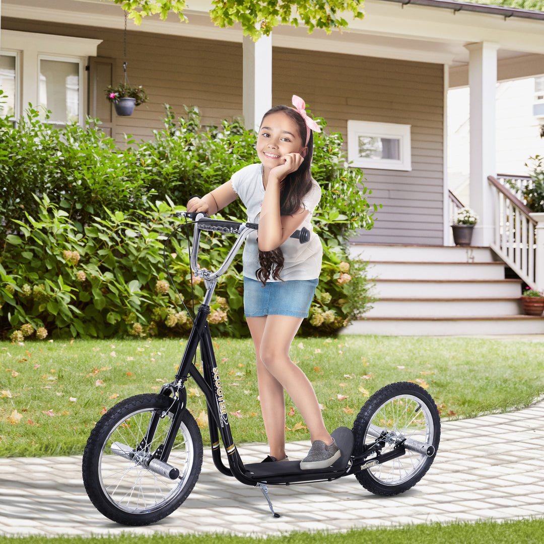 Børnescooter med pneumatiske dæk, sparkscooter, city scooter til børn, sparkbræt 16 tommer fra 5 år, højdejusterbar, sort, 143 x 58 x 92-100 cm