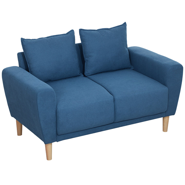 To-personers sofa, moderne stofsofa, 2 ryghynder, eukalyptustræstel, 133 x 73 x 81 cm, blå
