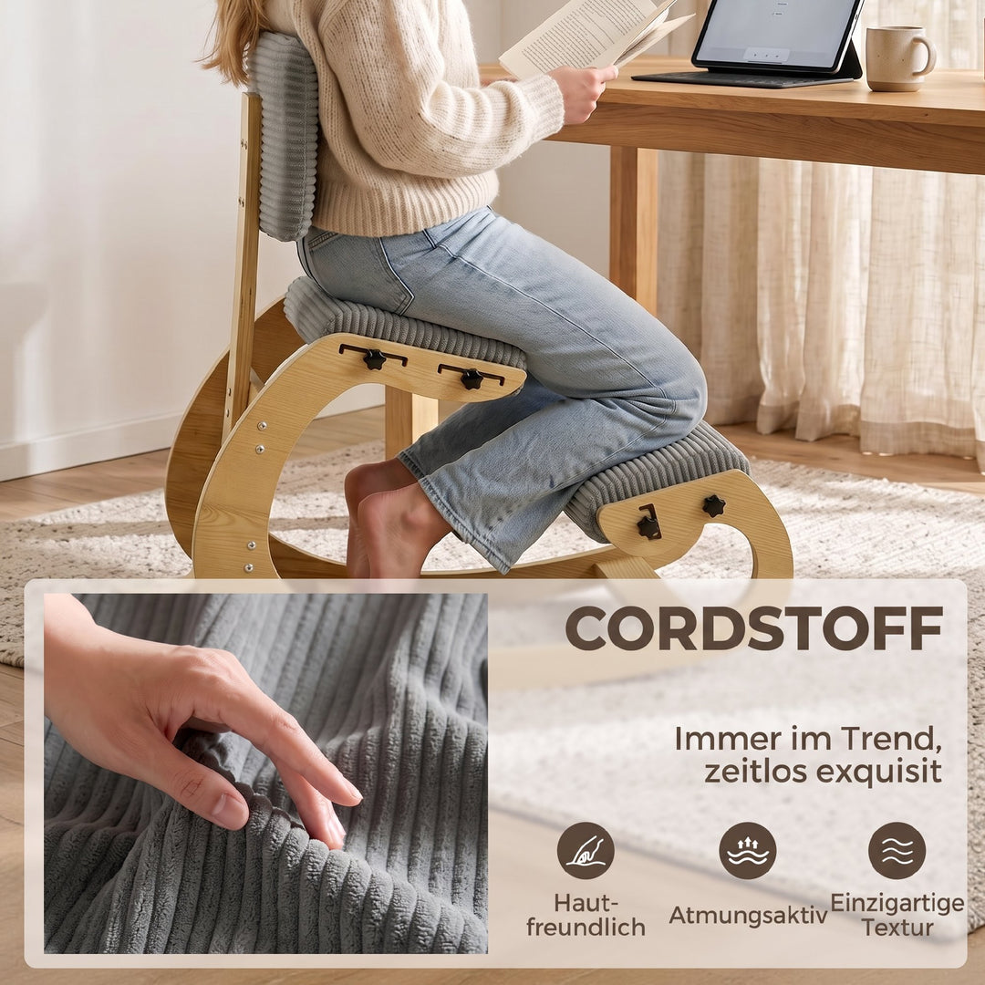 Ergonomisk knælestol med ryglæn, corduroy-look, grå