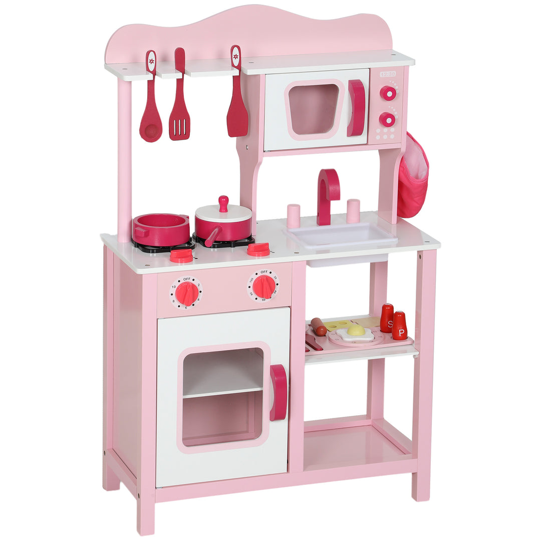 Børnelegekøkken, trætilbehør, køkkenapparater, kompakt, lyde, pink