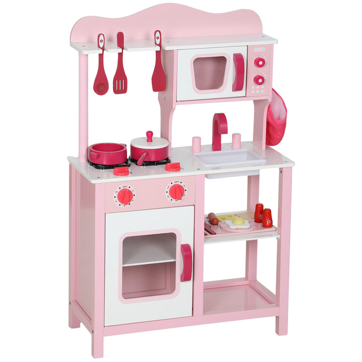 Børnelegekøkken, trætilbehør, køkkenapparater, kompakt, lyde, pink