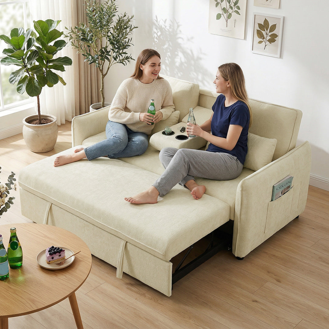 3-i-1 justerbar sovesofa, to-personers med kopholdere, justerbar ryglæn og sidelommer, beige