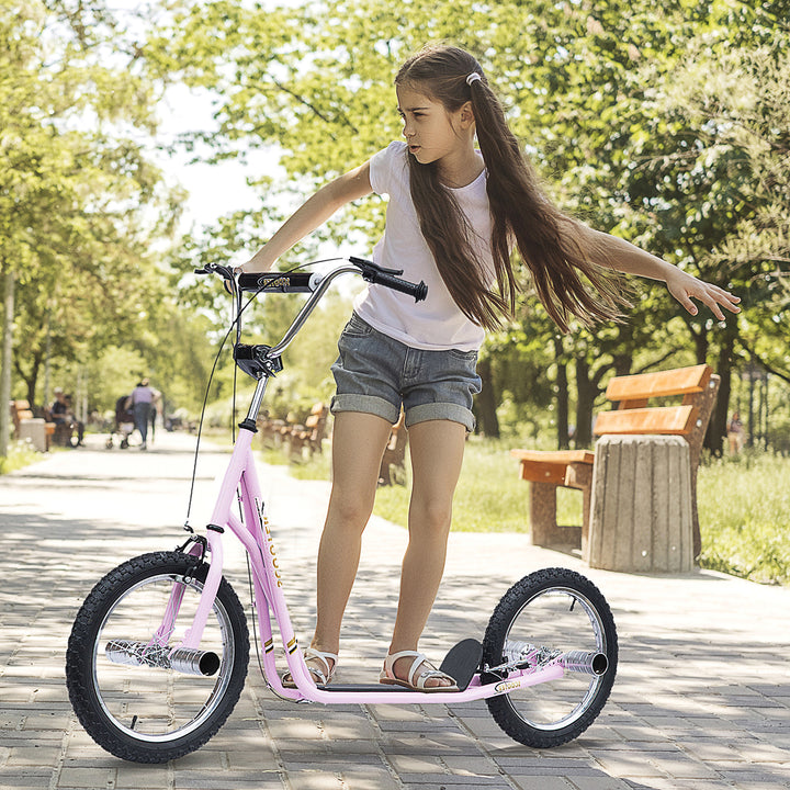 Børneløbehjul med luftgummidæk, løbehjul, city scooter til børn, kickboard, 16 tommer, fra 5 år, højdejusterbar, pink, 143 x 58 x 92-100 cm