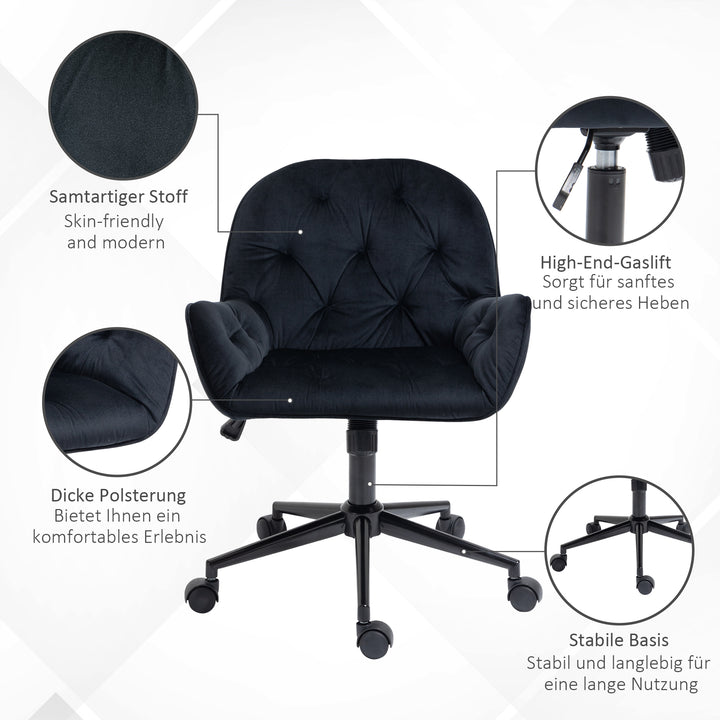 Kontorstol, drejestol, højdejusterbar chefstol, skrivebordsstol, lænestol, kontor, fløjlsblød polyester, sort, 60 x 61 x 81-91 cm