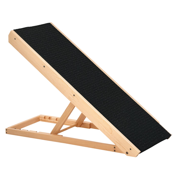 Dyrerampe med skridsikkert tæppe, justerbar dyrestige, hundelarampe til store hunde, fyrretræ, polyester, sort + naturtræ, 90B x 40D x 61H cm