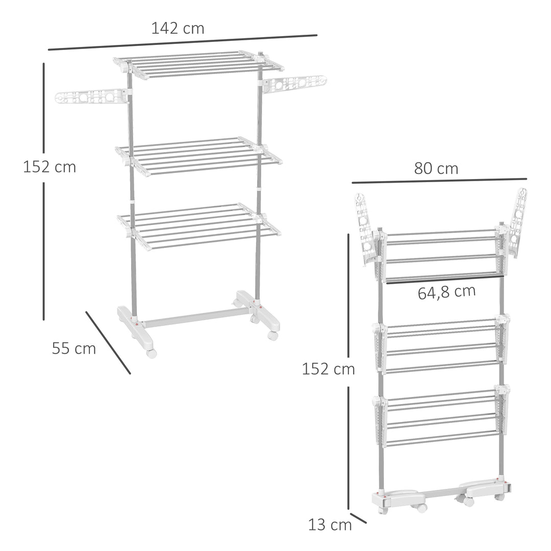 Mobil tørrestativ, tørretumbler, 3 niveauer, foldbar, sølv + hvid