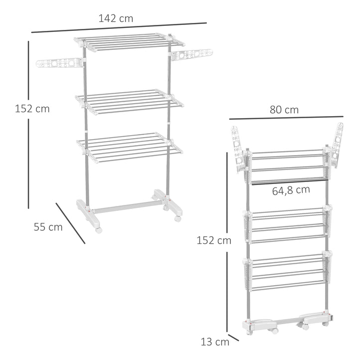 Mobil tørrestativ, tørretumbler, 3 niveauer, foldbar, sølv + hvid
