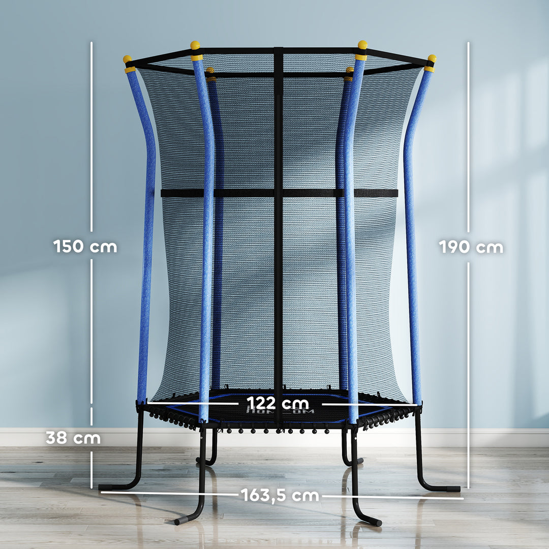 Børnetrampolin, 163,5 cm diameter, med sikkerhedsnet, polstret, stål, lasteevne op til 50 kg, sort og blå