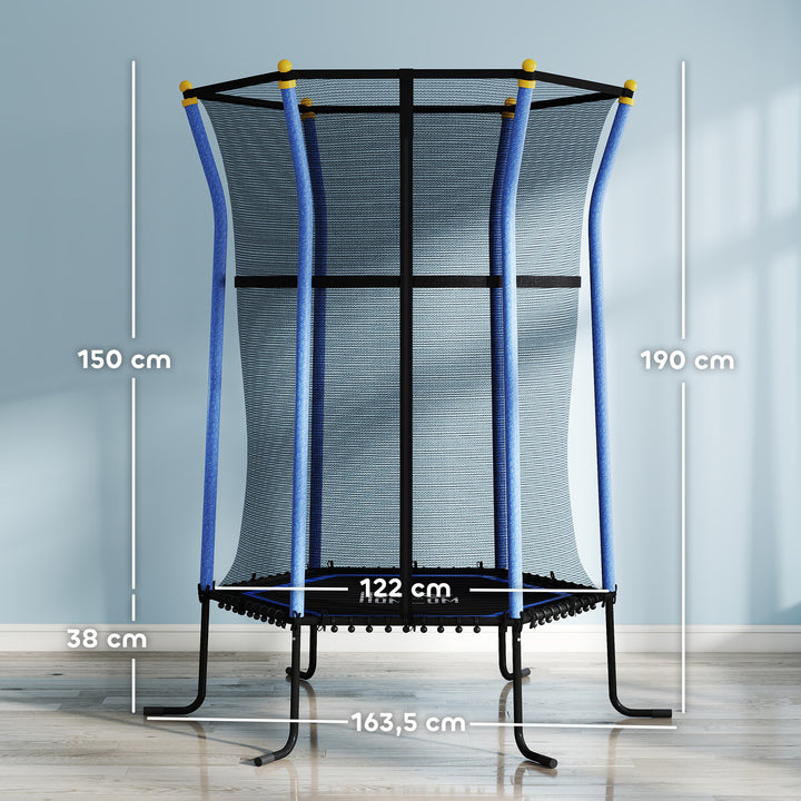 Børnetrampolin, 163,5 cm diameter, med sikkerhedsnet, polstret, stål, lasteevne op til 50 kg, sort og blå