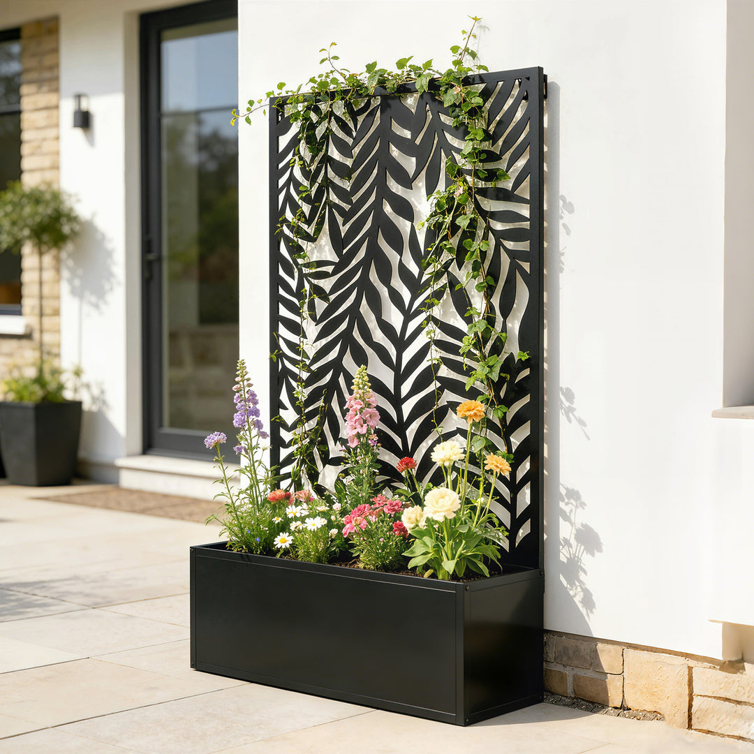 Blomsterkasse med afskærmning, plantekasse med espalier og tropiske bladmotiver, 61 x 23 x 113 cm, sort