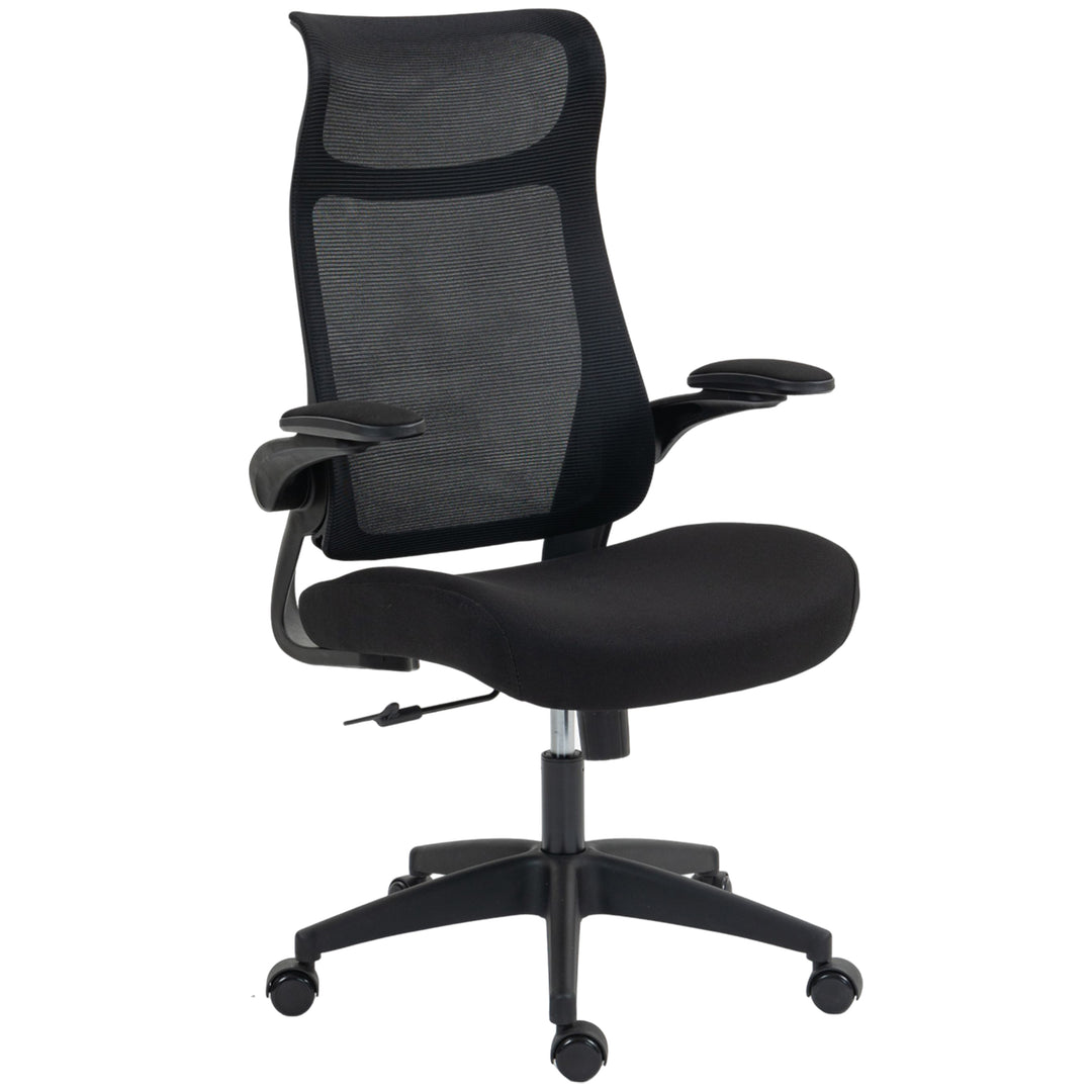 Ergonomisk kontorstol med 3D-armlæn, netryg, S-formet ryglæn, nakkestøtte, vippefunktion, sort