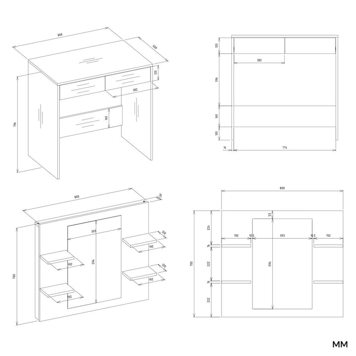 Elegant sminkebord med spejl og 4 hylder, kashmir-farvet