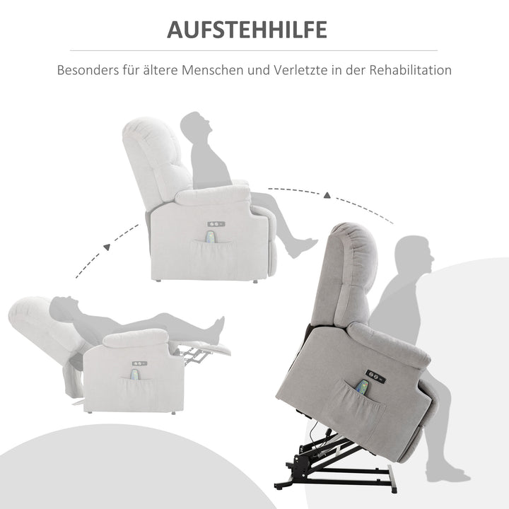 Lænestol med ståstøtte, massagestol, afslappende stol med usb-port, tv-stol med fjernbetjening, sidelomme, lænestol med fløjlslook, grå
