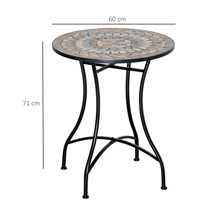 Havebord, mosaikbord, rundt bistrobord, sidebord med mosaikplade, keramik, metal, grøn+beige+hvid, Ø60 cm