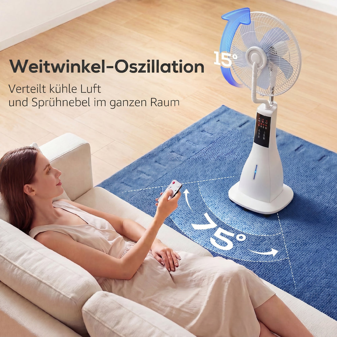 Stående ventilator med vandtåge, 75° oscillation, 3 hastigheder, 3 tilstande, hvid