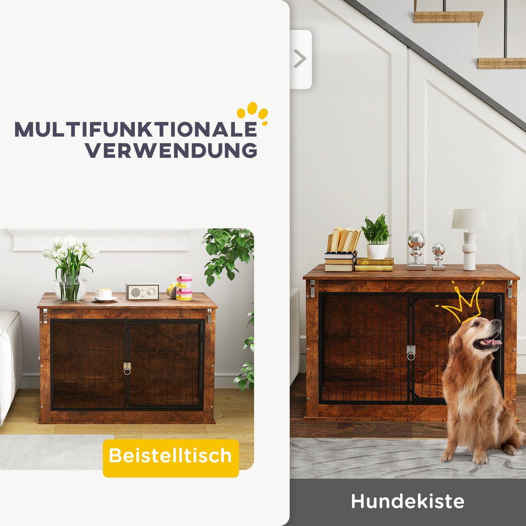 Hundebur, transportkasse til hunde, hvilekasse, til kæledyr, 2 låsbare døre, 98 x 60 x 65,5 cm, brun