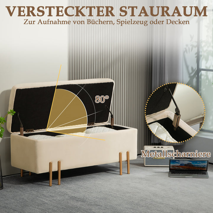 Polstret bænk med opbevaring, kommodebænk, skum, metal, gummitræ, 100 x 40 x 42 cm, beige