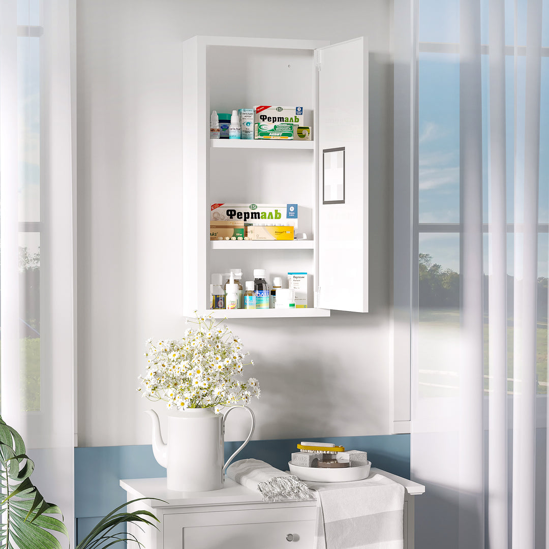 Medicinskab, 3 indvendige rum, magnetisk lukning, korssymbol, stålkabinet, hvid, 30 x 12 x 60 cm