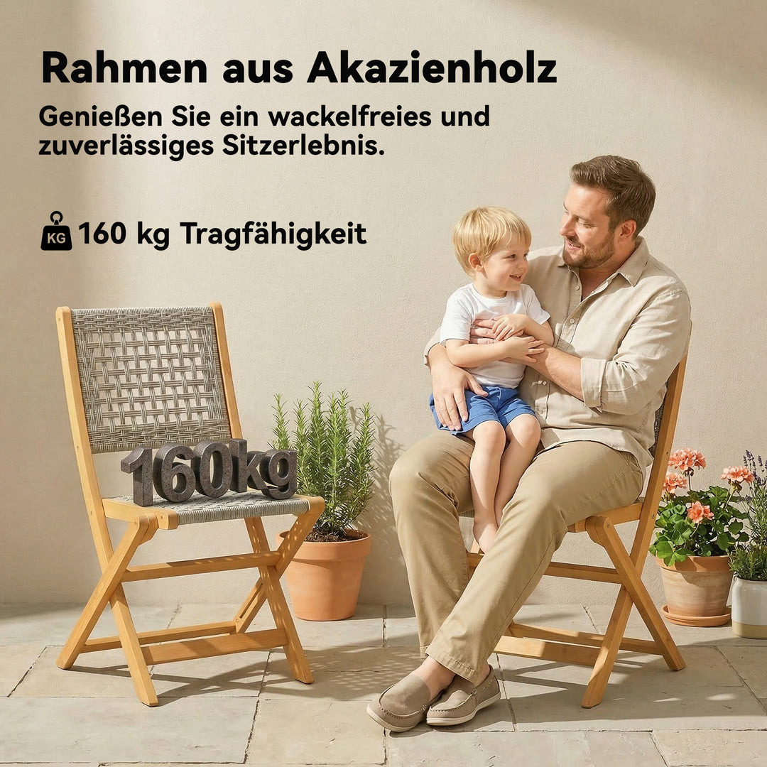 Havestole, sæt med 2, FSC klapstole med åndbart sæde, komfortabel sædehøjde, lavet af massivt træ og polyrattan