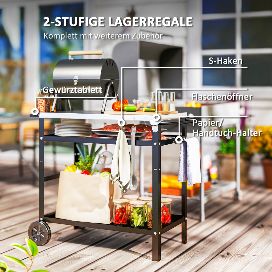 3-lags grillvogn/serveringsvogn med arbejdsflade, håndtag, låg, hjul, grillbord i rustfrit stål, 100x52x80cm, sort