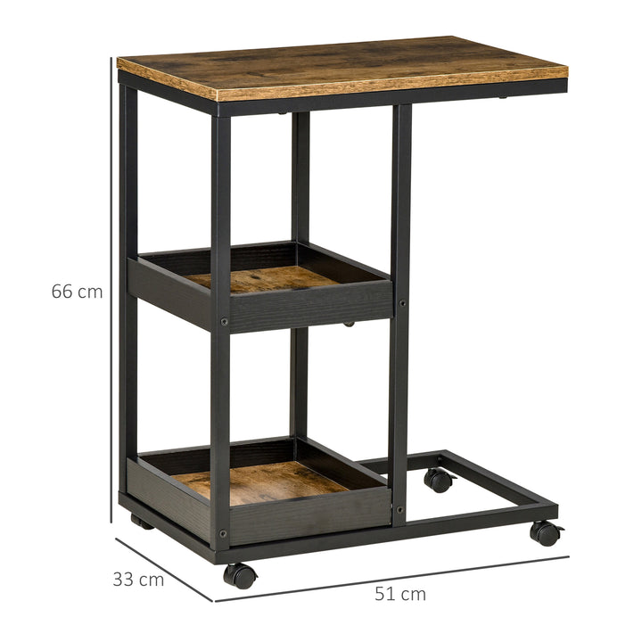 Sidebord med hjul til sofa eller seng, industriel stil, stål og træ, brun og sort