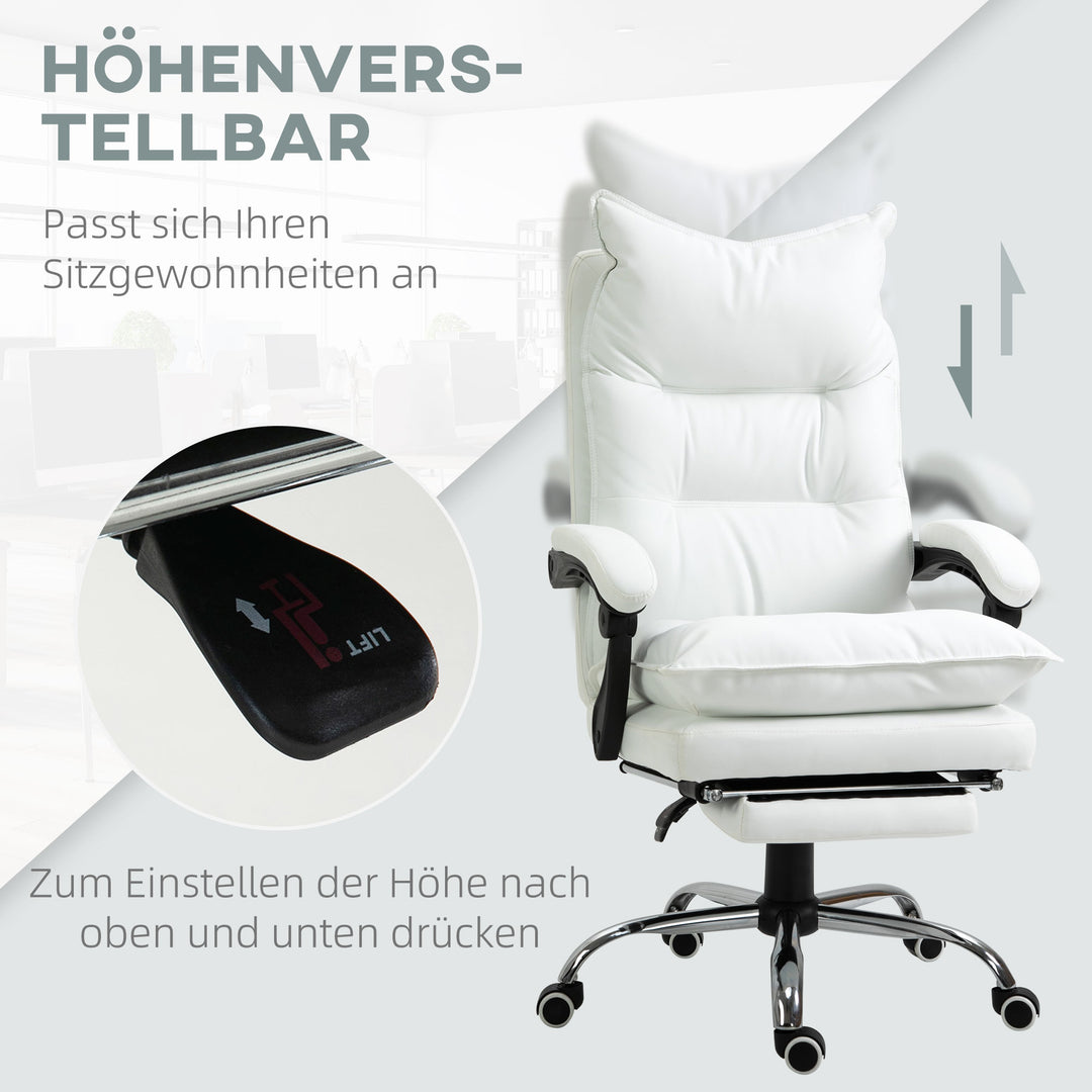 Kontorstol med lænefunktion, ergonomisk højdejusterbar med fodstøtte, polstret, bæreevne op til 135 kg, 66 x 72 x 122-130 cm, hvid